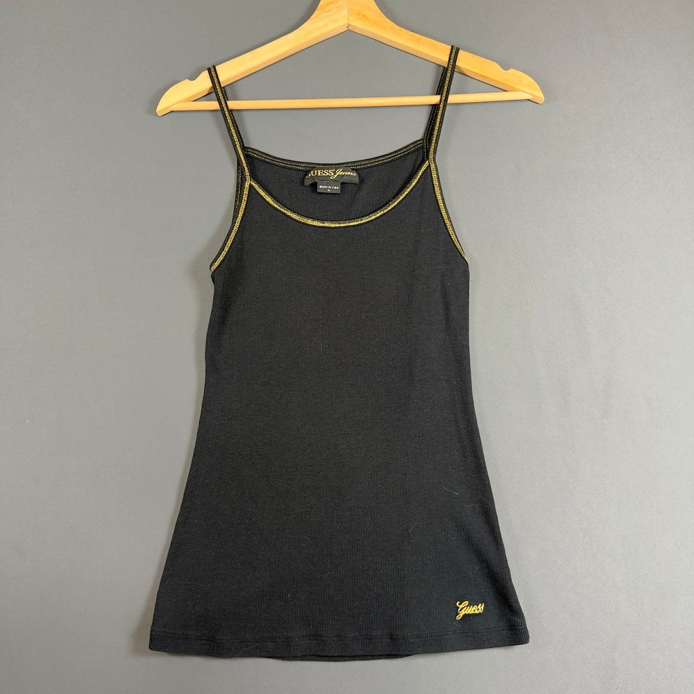 Y2K GUESS Jeans Ribbed Cami Tank Top Black Gold Trim Embroidered Logo Women's M